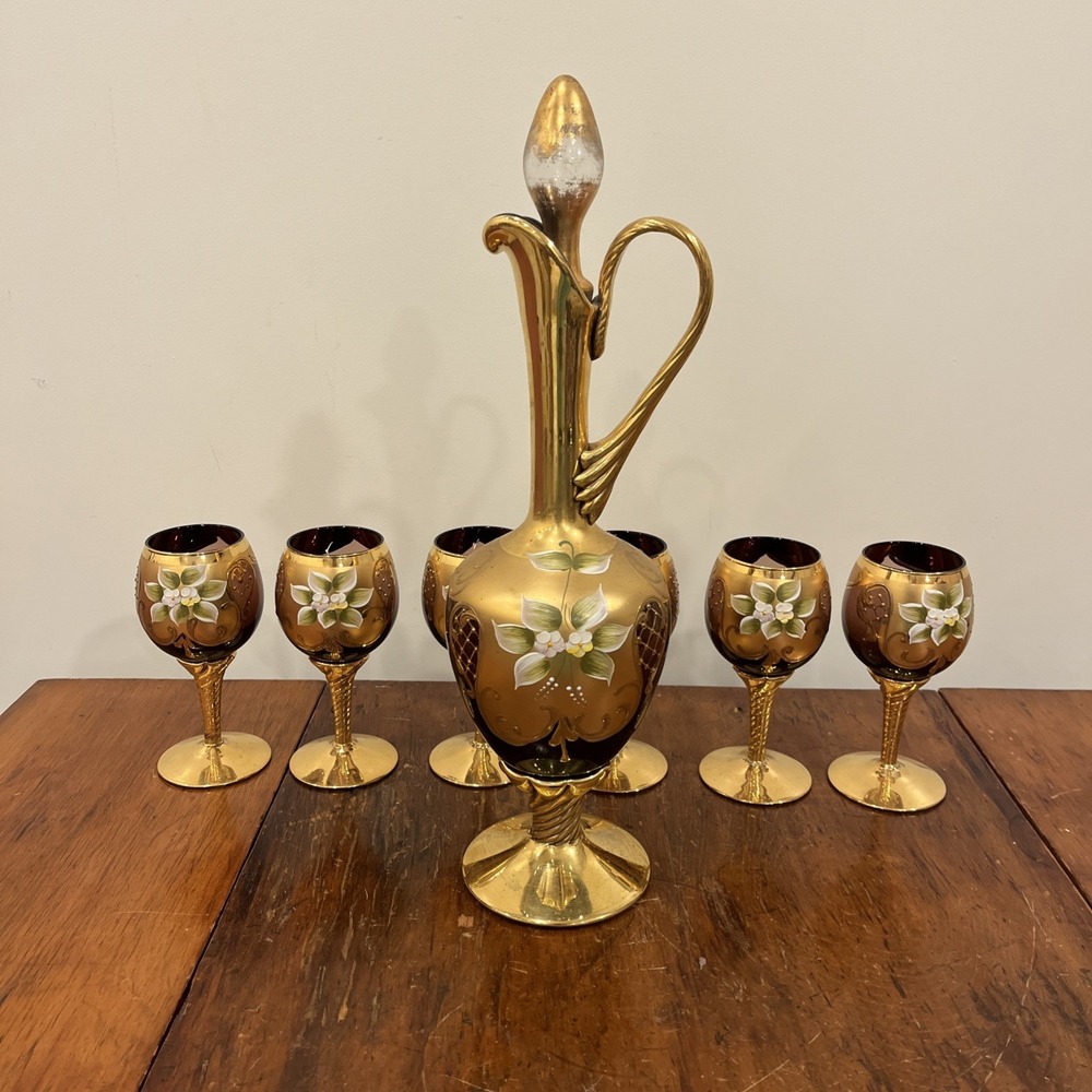 Vtg Tre Fuochi Italian Venetian Murano Glass Amber 24K Gold Floral Decanter Set